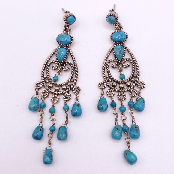 Barse Vintage Gold Filled And Turquoise Chandelier Dangling Studs Earrings 3” - Picture 5 of 6